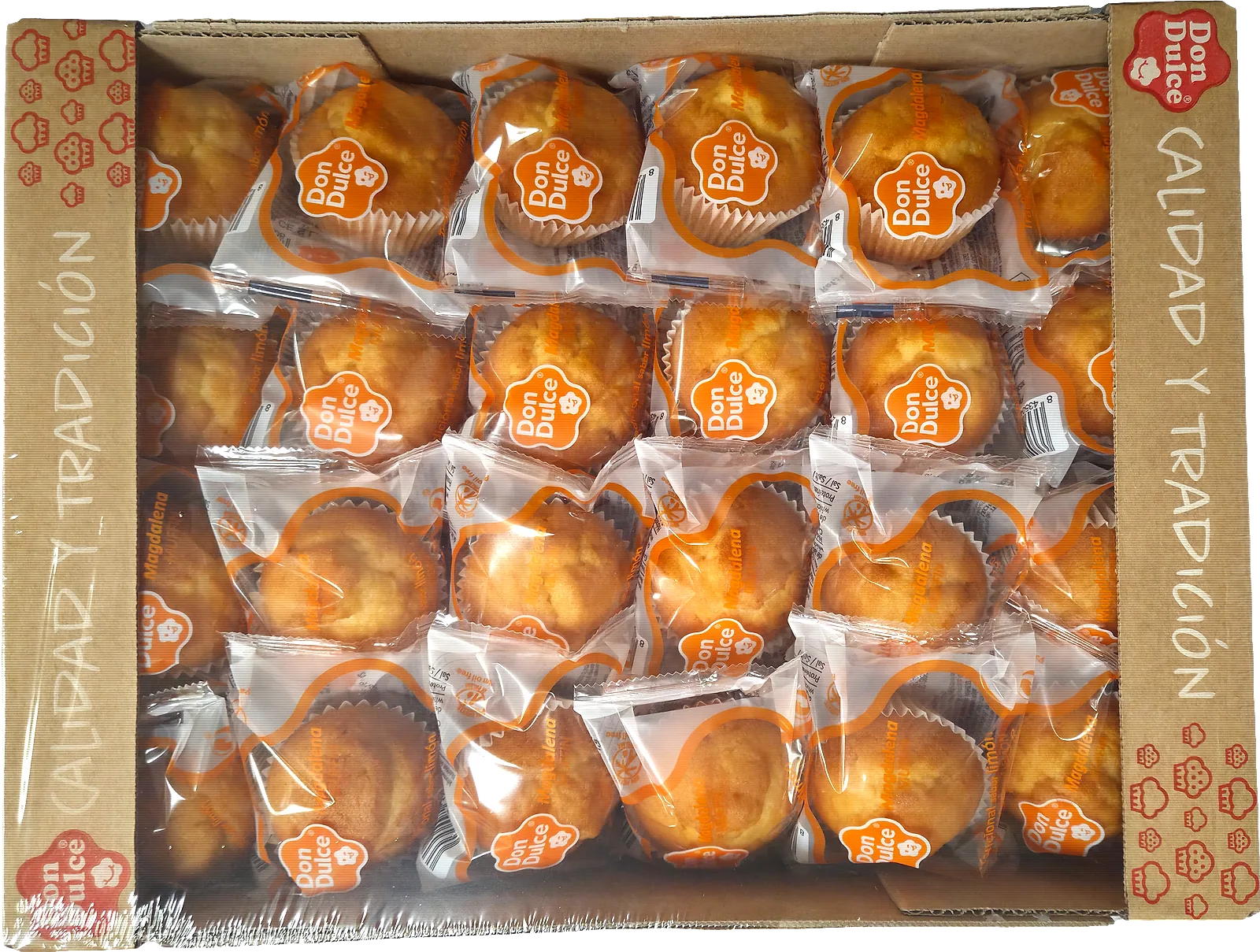 Caja de 48 magdalenas DonDulce vista desde arriba, con las magdalenas envueltas una a una