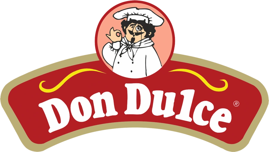 Logotipo de DonDulce de 1988: un pastelero sobre la banda roja con el nombre